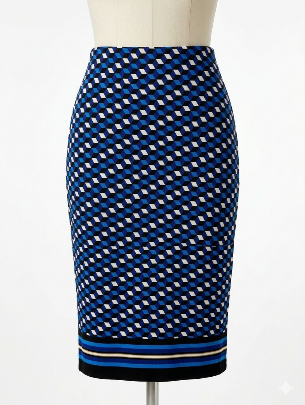 ECI New York Geometric Cube Print Textured Midi Pencil Skirt Blue Black Small